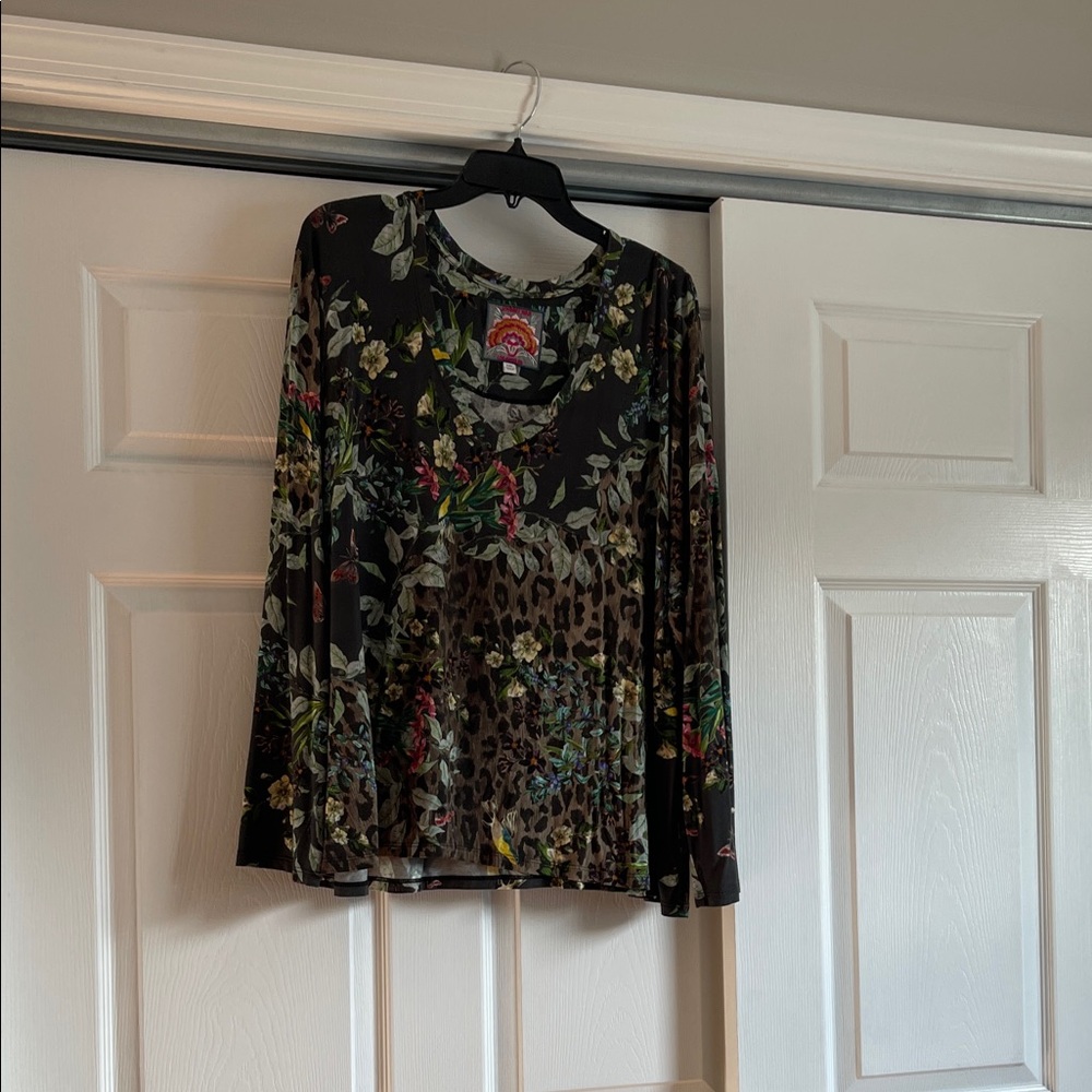 Johnny Was Black Floral and Leopard Long Sleeve Top